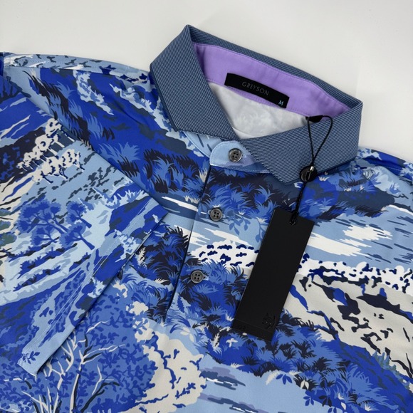 Greyson Painted Highlands Polo Shirt Mens M Blue Landscape Print Golf Tree Cloud